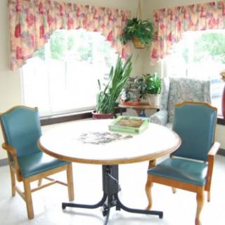 A cozy interior featuring a round table with two chairs, surrounded by plants and bright windows with patterned curtains.