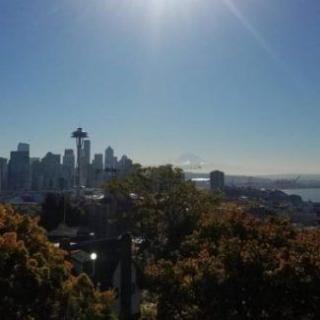 A sunny view of the Seattle skyline featuring the Space Needle.