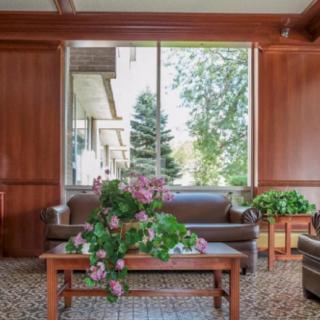 A cozy lobby interior with sofas and a coffee table surrounded by plants, framed by large windows and wood paneling.