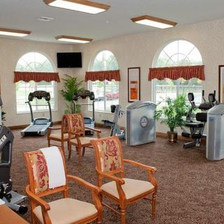 A well-lit exercise room featuring cardio equipment, chairs, and indoor plants.