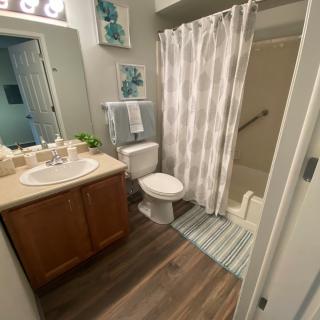A modern bathroom with wooden cabinetry, a shower area, and decorative elements.