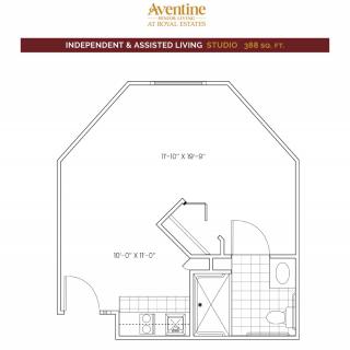 Floor plan for an independent and assisted living studio apartment.