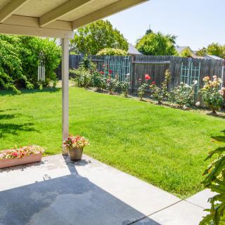 A sunny backyard with a well-kept lawn, patio, and flower garden.