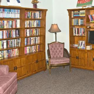 A cozy living room with bookshelves filled with books, a lamp, and a comfortable chair.