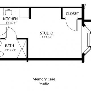 Floor plan of a memory care studio apartment, featuring a kitchen, bath, closet, and main living area.