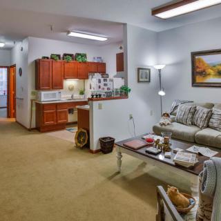 A cozy living room with a sofa, coffee table, and a small kitchen in the background.