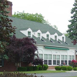 A charming house with a green roof surrounded by trees.