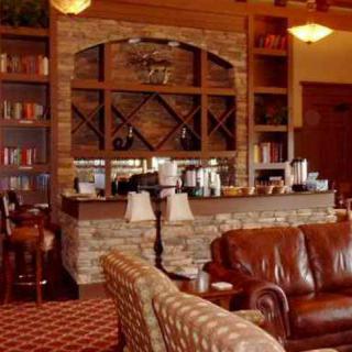 A cozy lounge area with leather sofas and a stone bar, featuring bookshelves and warm lighting.