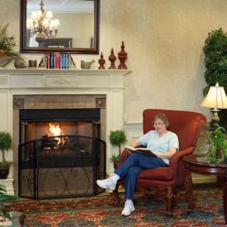 A person enjoying a quiet moment reading in a cozy living room next to a warm fireplace.