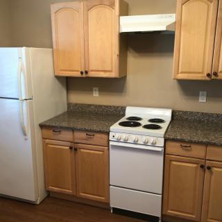 A kitchen with wooden cabinets, a white refrigerator, and a compact electric stove.