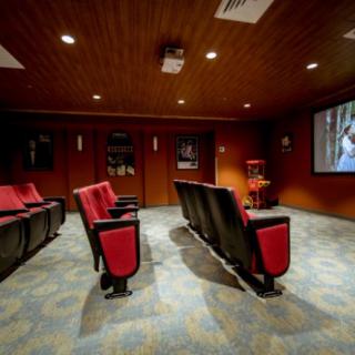 A cozy home theater setup with red seating and a large screen for viewing.