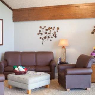 A cozy living room with a brown sofa, armchair, and a stylish lamp, featuring wall art and a coffee table.