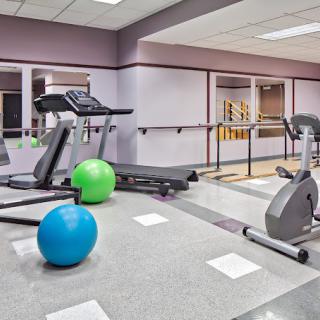 A modern gym with treadmills, an exercise bike, and colorful exercise balls.