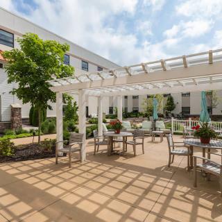 A sunny courtyard with a pergola, featuring outdoor seating and lush greenery.