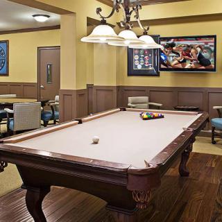 A cozy game room with a pool table and overhead lighting.