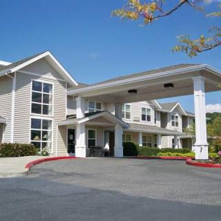 A hotel entrance with a driveway and surrounding greenery under a clear blue sky.