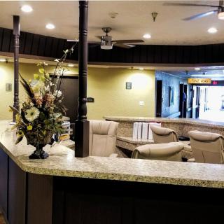 A well-decorated reception area with comfortable seating and floral arrangement.