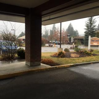 A covered area overlooking a parking lot with trees and a building in the background on an overcast day.