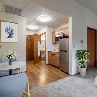 A modern apartment interior featuring a compact kitchen with wooden cabinetry and flooring, a small dining area, and decorative plants.