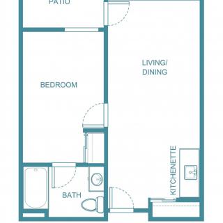 A blueprint of a one-bedroom apartment featuring a kitchenette, living/dining area, bathroom, and bedroom.