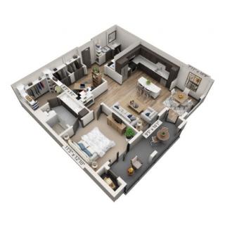 3D rendered floor plan of a modern apartment layout.
