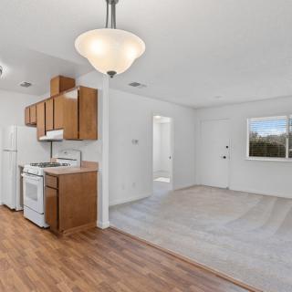 A small apartment kitchen with wooden cabinets and a light fixture, featuring both wood and carpeted flooring.