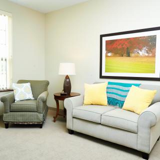 A cozy living room with a sofa, armchair, and decorative elements.