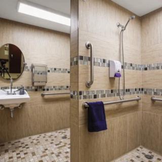 An accessible bathroom with a walk-in shower, grab bars, and modern design elements.