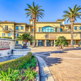 A luxurious hotel entrance featuring palm trees and a decorative fountain.