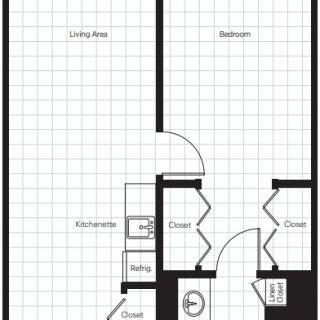A floor plan layout showing an apartment with a living area, kitchen, bathroom, and closets.