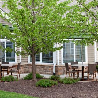 A peaceful outdoor patio area with tables and chairs, set amidst a landscaped garden with a tree and windows in the background.