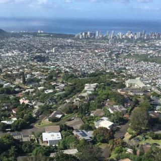 Aerial view of a cityscape with residential areas and skyline near the ocean.