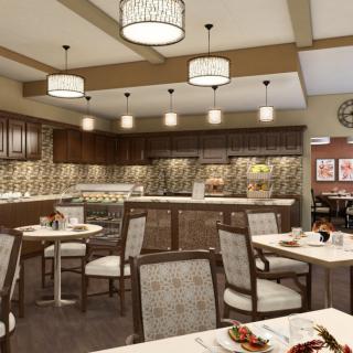 A modern dining area with stylish lighting and elegant furniture.
