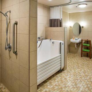An accessible bathroom with a shower, walk-in tub, grab bars, and a sink with a mirror.