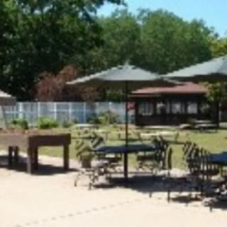 An outdoor patio area with tables, chairs, and umbrellas set in a garden setting.