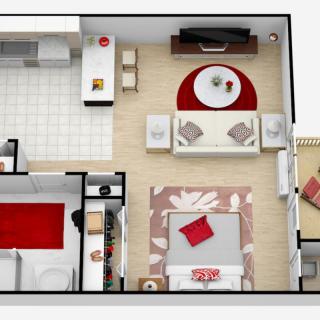 Modern apartment floor plan with a bedroom, living room, and kitchen area.