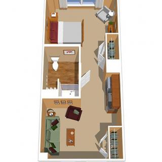 A floor plan of a compact one-bedroom apartment with designated areas for living, cooking, sleeping, and bathing.