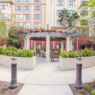 A tranquil outdoor space with a pergola and seating area, surrounded by lush greenery in an urban setting.