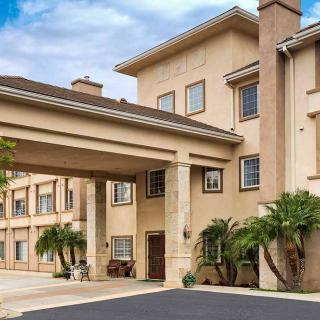 A modern hotel exterior with a covered entrance and palm trees.