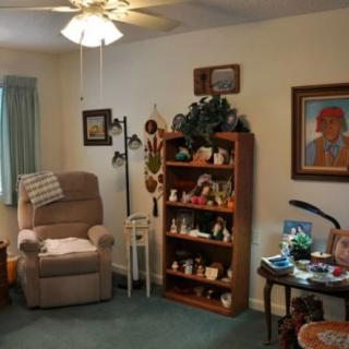A cozy living room with an armchair, bookshelf filled with decorations, and a painting on the wall.