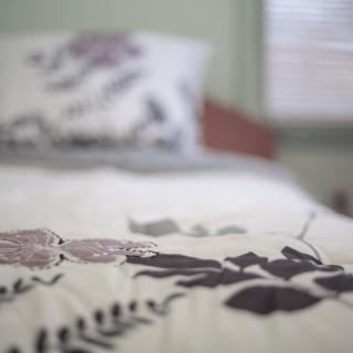 A neatly made bed with a patterned comforter and pillow in a softly lit room.