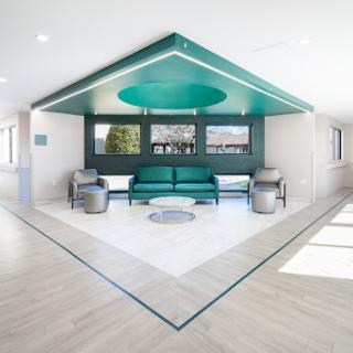 A modern living room featuring a unique architectural design with green accents and minimalist furniture.