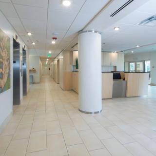 A modern and empty office reception area with a hallway leading to elevators.