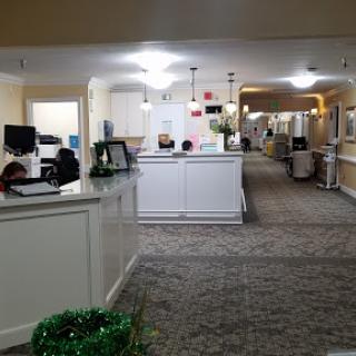 A view of a well-lit reception area in an office, showcasing a modern design with carpet flooring.