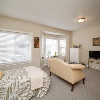 A cozy bedroom interior with a bed, sofa, and TV, lit by natural light from large windows.