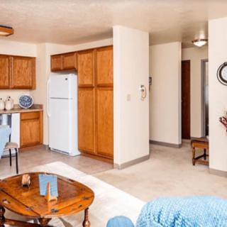 A cozy living room and kitchen area featuring wooden cabinets, a fridge, and comfortable seating with blue accents.