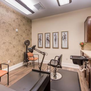 A modern salon interior featuring hairstyling chairs, a hairdryer, and elegant artwork on the walls.