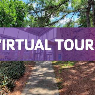 A pathway leading to a building, promoting a virtual tour experience.