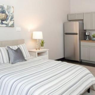 A modern bedroom featuring striped bedding, a lamp on a nightstand, and a small kitchen area with a refrigerator.