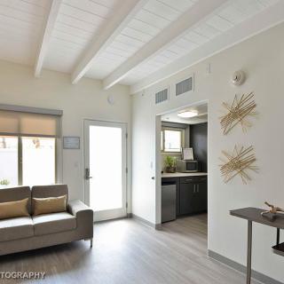 A modern and minimalist living room with a gray sofa, ample natural light, and a view into the kitchen.